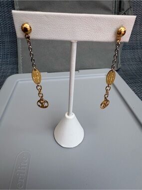 Authentic Louis Vuitton Logomania Drop Earrings Gold/Silver Two-Tone M68076